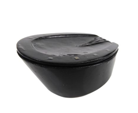 A Victorian black lacquered papier-mache novelty horseshoe snuff box - with pique work nails, 6cm. long, in very good conditi