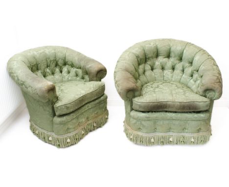 A pair of early 20th century button-back tub chairs, later green-damask tasselled upholstery (78 x 97  x 85 cm  x (39 cm seat