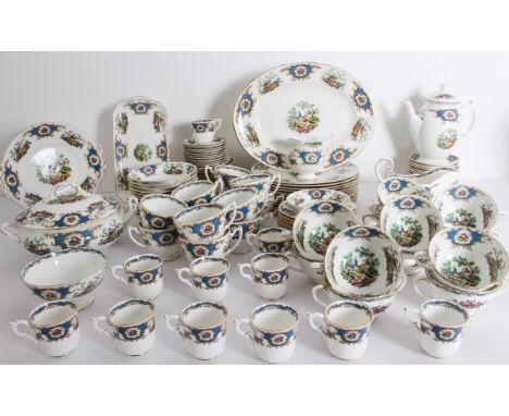 A large Coalport 'Broadway Blue' dinner service comprising: 12 x 27 cm and 15.5 cm plates; 12 x 15.3 cm bowls; 12 x tazzas an