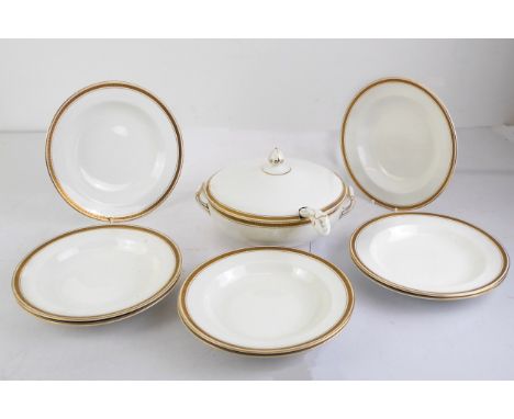 A John Maddock &amp; Sons 'Royal Vitreous' white glazed soup tureen, ladle and bowls - early 20th century, comprising a cover
