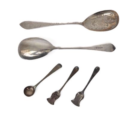 A pair of late-Victorian bright cut silver serving spoons - Atkin Brothers, Sheffield 1896, the ovoid bowls with bright cut f