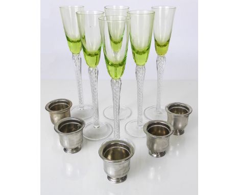 To be sold on behalf of Sue Ryder Care: a set of six vintage airtwist coloured glass cordial or liqueur glasses - 1960s-70s, 