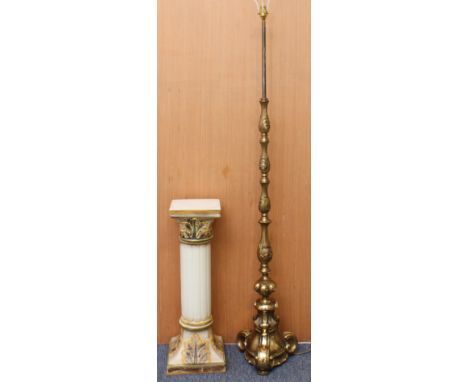 An Italian 18th century style gilt-brass standard lamp - late 20th century, 153cm. high, with floral shade; together with a g