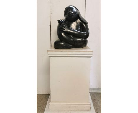 Sylvester Mubayi (1942-2022) Zimbabwean 'Daydreamer', figural carved and polished shona sculpture, signed, 52 cm high, on whi