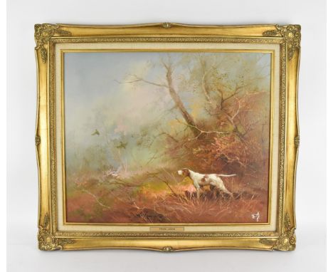 Frank Jason (XX) British 'The pointer', depicting a hunting dog in an autumnal forest, signed lower right, oil on canvas, 49.