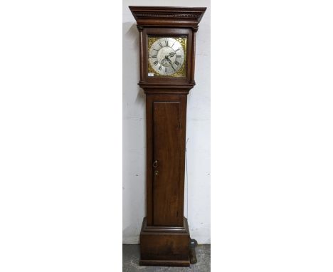 An 18th century oak cased 30 hour longcase clock, the case having a stepped and dental moulded cornice above a 11" dial engra