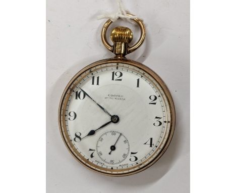 An early 20th century 9ct gold, open faced pocket watch having a white enamel dial, signed Cooper Worcester, with blued hands