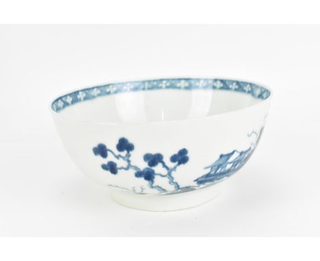 A late 18th century blue and white Worcester porcelain bowl, in the chinoiserie taste with Chinese village pattern, unmarked,