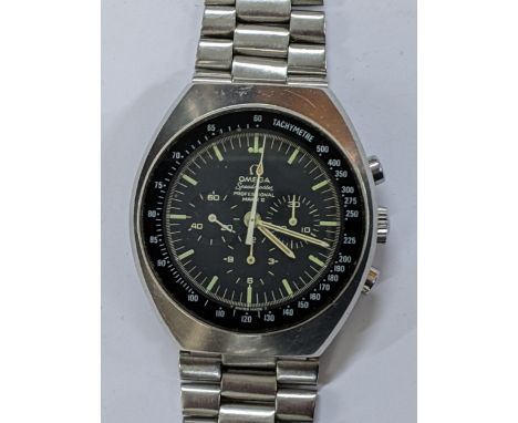 An Omega Speedmaster, chronograph, manual wind, stainless steel gents wristwatch, circa 1970, the black dial having luminous 