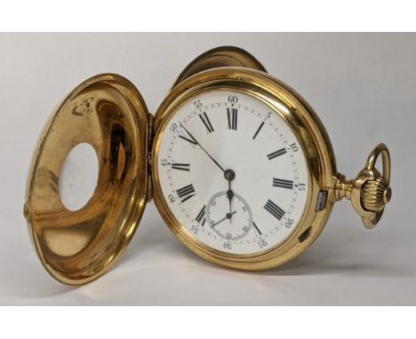 A very fine quality circa 1900 gold half hunter pocket watch having a white enamel dial with Roman numerals, blued hands and 