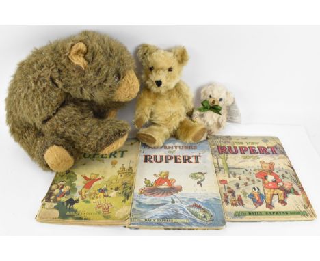 A small collection of children's soft toys to include a Chiltern bear, with blonde mohair, stitched nose, velvet pads, jointe