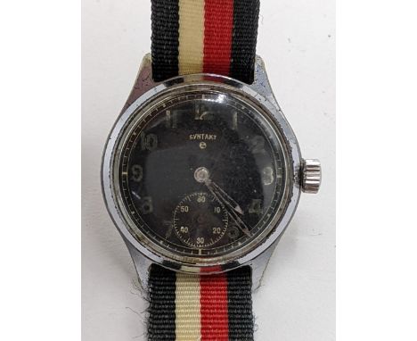 A Syntakt, German military Luftwaffe, manual wind, gents stainless steel wristwatch, circa 1940s, having a black dial with su