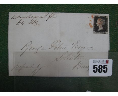 1840 1d Penny Black K-J Letter Sheet, 3 margins, filing folds clear of adhesive.