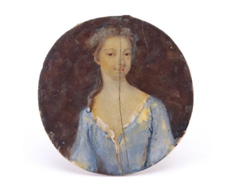 English School, 18th Century, A portrait miniature of a lady in a blue dress, watercolour heightened with white, 7 x 7cm.