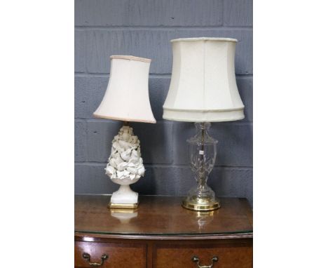 A modern cut glass vase shape table lamp, with gilt metal mounts, and an Italian white glazed ceramic table lamp, both with s