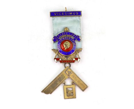 A silver gilt and coloured enamel Masonic jewel, London 1966, makers mark E.P., Regency Lodge No. 6349, boxed.