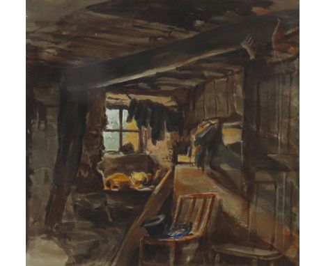 Attributed to Ralph Lucas (British, 1796-1874), An interior scene, inscribed with artist's name (verso), watercolour, 17 x 17