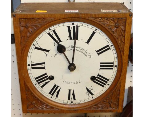 A National Time Recorder Company Limited oak cased wall clock, having signed white enamel dial, twin train spring driven move