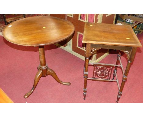 An early 19th century mahogany circular tilt-top pedestal tripod table, dia. 63.5cm, together with an Edwardian walnut square