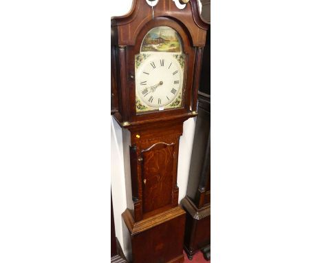 A circa 1820 North Country oak and mahogany crossbanded longcase clock, having unsigned 13" painted arch dial, 30-hour weight