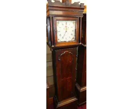 A George III oak longcase clock, having an 11" indistinctly signed painted square dial, with rolling date dial, 30-hour weigh