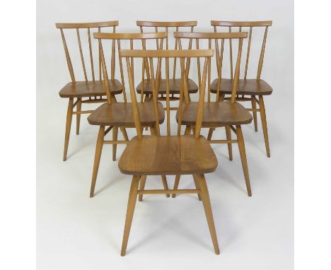 A set of six 1960s Ercol blond elm model 391 stickback kitchen chairs, raised on turned slightly tapering supports, w.40cmEac