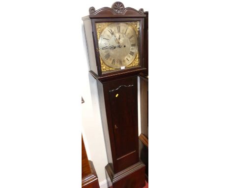 A mahogany longcase clock, 19th century and later, having an unsigned 13" square brass dial, with subsidiary seconds dial, tw