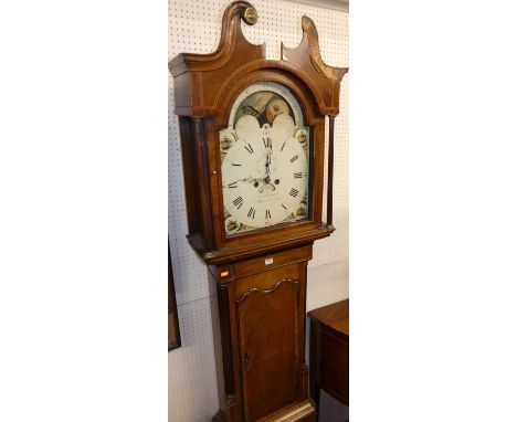 F. Arkinstall of Market Drayton - an early 19th century oak and mahogany crossbanded longcase clock, having a 14" painted arc