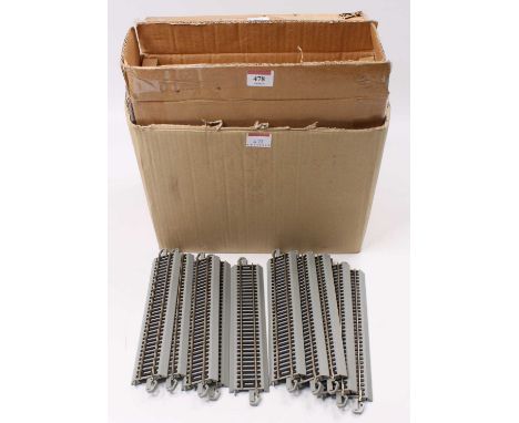 Two bulk pack boxes Bachmann HO scale item no.44581 9” straight track, snap fit, each box containing 50 pieces. Grey coloured