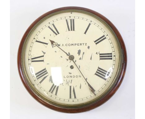 W.I. Compertz of London - a George III mahogany wall clock, having a convex glass and brass bezel over signed 12" white ename