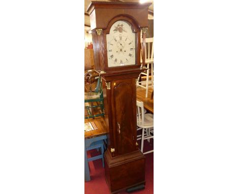 A mahogany longcase clock, 19th century and later, having 12" unsigned painted arch dial, with subsidiary seconds dial, rolli