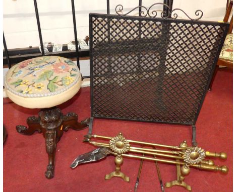 Occasional furniture to include; a fluted standard lamp, Victorian floral scroll decorated music stool, wrought metal spark g