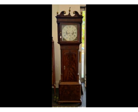 Grandfather Clock from Coats of Wigan, face painted with images of birds and flowers, Roman numerals, decorative finial with 