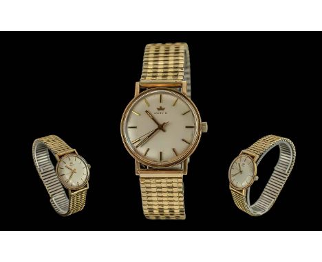 Marvin - Swiss Made Pleasing Quality Gents 9ct Gold Cased Mechanical Wrist Watch, With Gold Tone Expanding Watch Bracelet. Fe