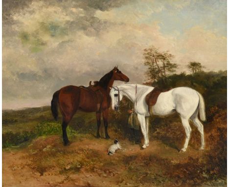 George Bouverie Goddard (1832-1886)Two hunters and a spaniel in a landscapeSigned and dated 1855, oil on canvas, 64cm by 77cm