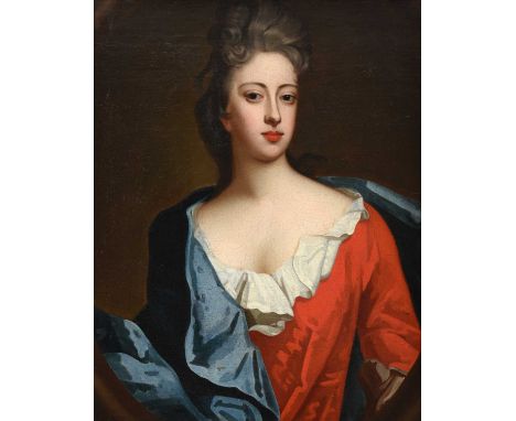 Manner of Michael Dahl (1659-1743) Swedish  Portrait of a lady in a red dress and blue cloak Oil on canvas, 69.5cm by 54.5cmI