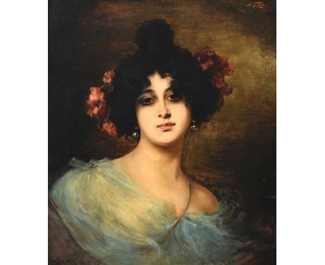 Nathaniel Sichel (1843–1907) GermanPortrait of a lady in a blue dress, her hair adorned with flowersSigned, oil on canvas, 62