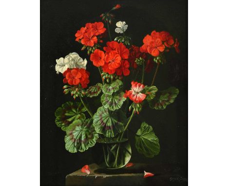 Gerald A Cooper (1898-1975)GeraniumsSigned and dated 1952, oil on canvas board, 49cm by 39cmProvenance: The Fine Art Society,