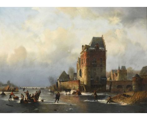 Louis Smets (1840-1896) DutchFigures skating on a frozen lake by a castle Signed, oil on canvas, 59.5cm by 82.5cmProvenance: 