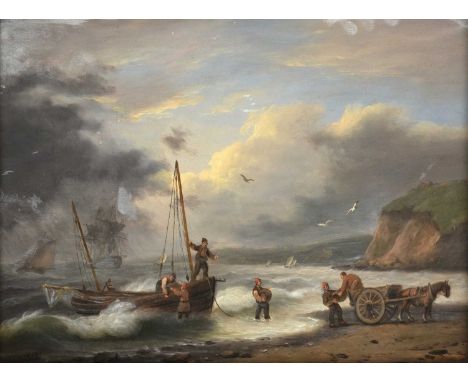 Thomas Luny (1759-1837)Smugglers on Devonshire CoastSigned and dated 1827, oil on panel, 29.5cm by 39.5cmProvenance: J Leger 