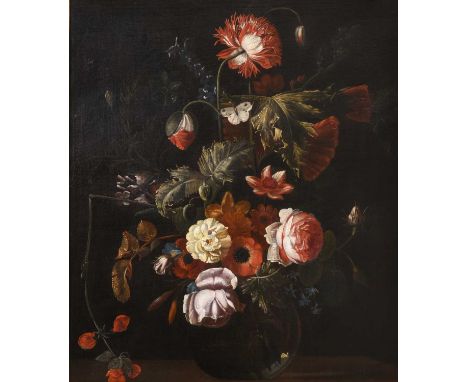 Follower of Simon Pietersz Verelst (1644-1721) Dutch Glass vase of assorted flowersOil on canvas, 67.5cm by 58cmProvenance: H