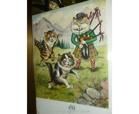 An unframed watercolour of three cats, one in highland dress playing the bagpipes while the other two dance in mountainous su