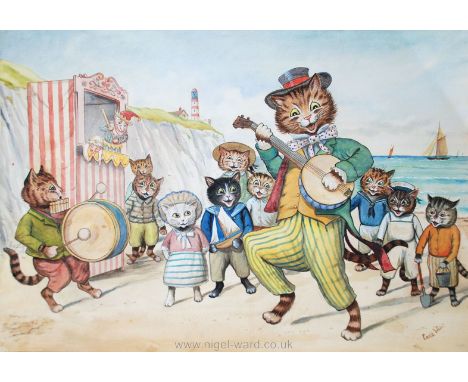 An unframed watercolour of a cat playing a banjo on the beach entertaining kittens on holiday, with a Punch and Judy booth an