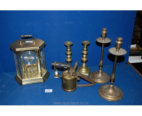 Two pairs of Brass Candlesticks, blow lamp, egg timer, etc.