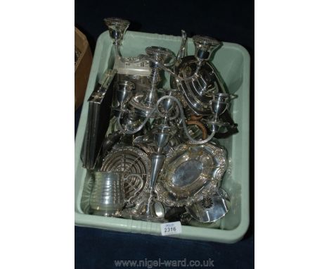 A box of plated items including teapot, carriage clock, photograph frame etc.