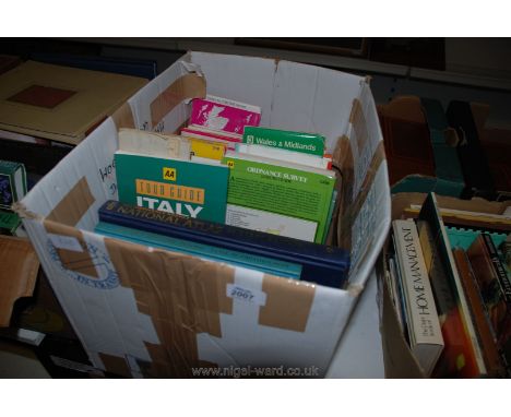 A box of Atlases, Ordnance Survey Maps and AA Tour Guides 