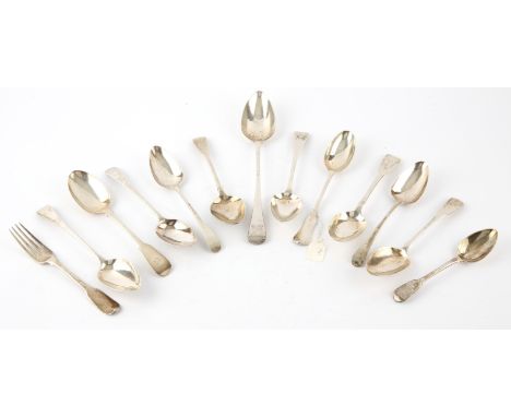 Mixed lot George III and other table spoons, serving spoon, desert spoon and fork, various dates and makers, 25.4ozt 792gm