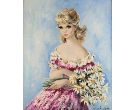 Dallas Simpson (British 1925-1984), 'Marguerite', a portrait of a young lady holding flowers, oil on canvas, signed, 76 x 63c