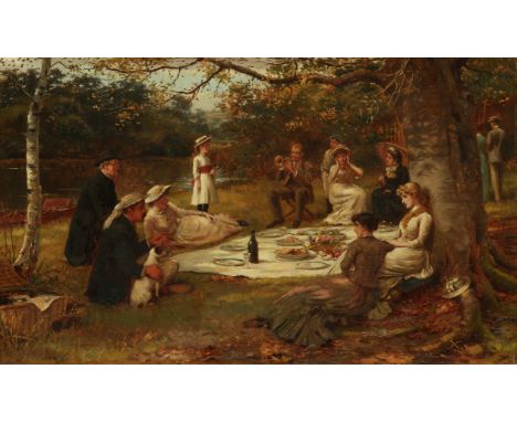 George Goodwin Kilburne (British 1839-1924), 'Picnic by the Lagoon', elegant figures by a hamper, oil on canvas. signed, 30.5