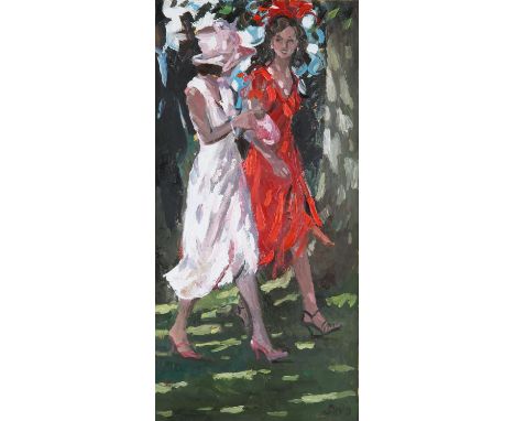 § Sherree Valentine-Daines (British b. 1959), 'Colourful Plumage', elegant female figures walking through dappled light, oil 